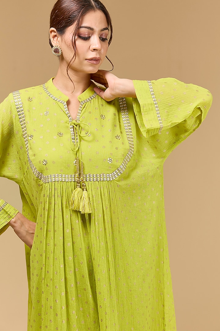 Lemon Cotton Gauze Aari Embroidered & Foil Printed Party Wear Anarkali Set by Kisneel by Pam at Pernia's Pop Up Shop