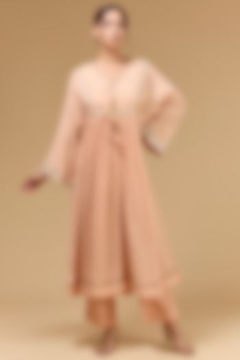 Peach Cotton Gauze Aari Embroidered & Foil Printed Party Wear Anarkali Set by Kisneel by Pam at Pernia's Pop Up Shop