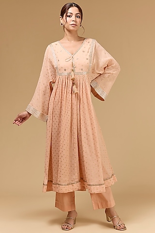 Peach Cotton Gauze Aari Embroidered & Foil Printed Anarkali Set by Kisneel by Pam
