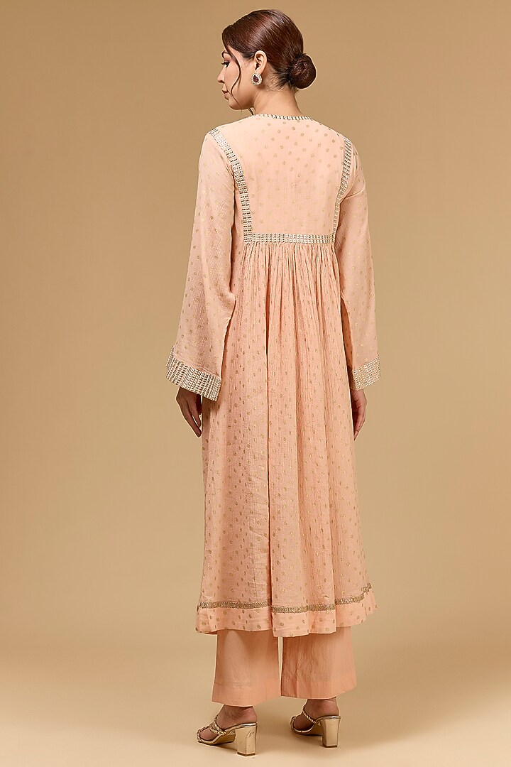 Peach Cotton Gauze Aari Embroidered & Foil Printed Party Wear Anarkali Set by Kisneel by Pam at Pernia's Pop Up Shop