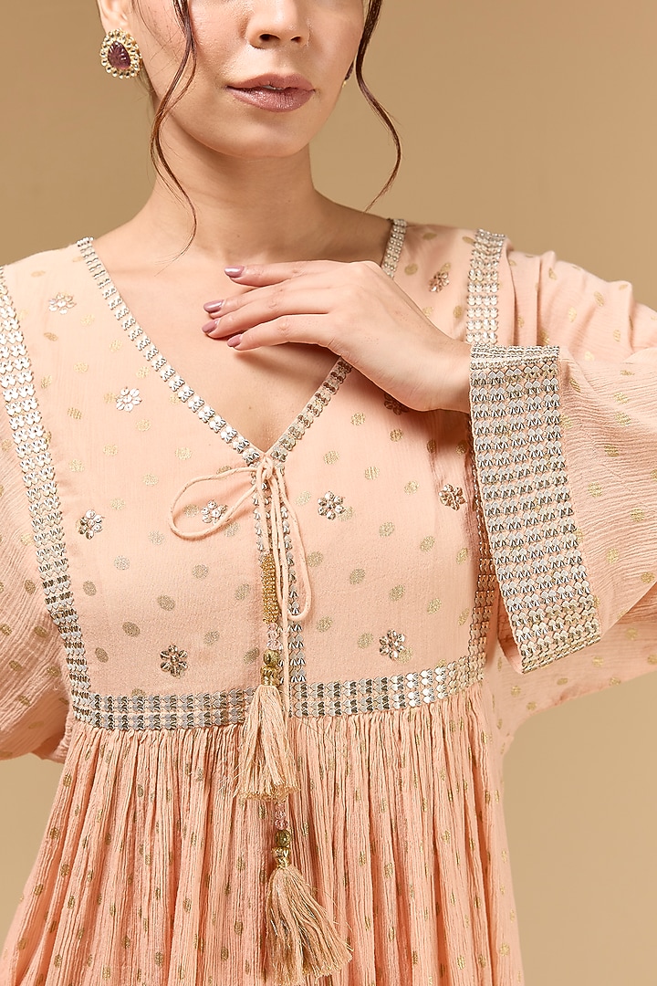Peach Cotton Gauze Aari Embroidered & Foil Printed Party Wear Anarkali Set by Kisneel by Pam at Pernia's Pop Up Shop