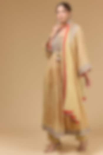 Yellow Organza Dori Embroidered & Leheriya Printed Wedding Anarkali Set by Kisneel by Pam at Pernia's Pop Up Shop