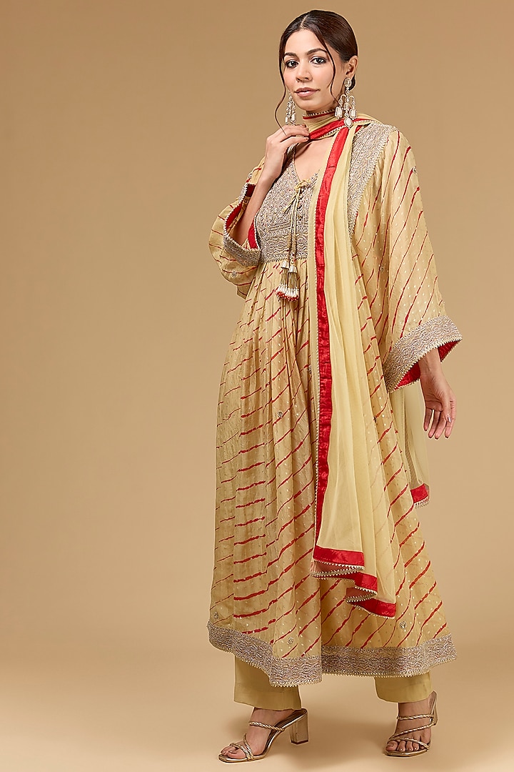 Yellow Organza Dori Embroidered & Leheriya Printed Wedding Anarkali Set by Kisneel by Pam at Pernia's Pop Up Shop