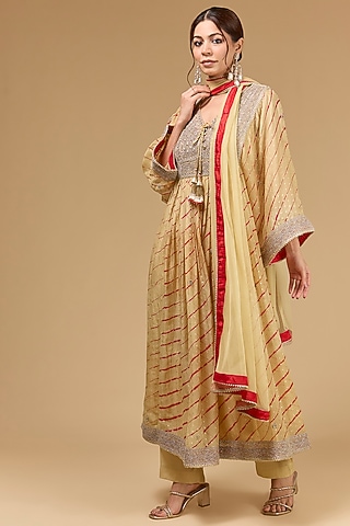Yellow Organza Dori Embroidered & Leheriya Printed Anarkali Set by Kisneel by Pam