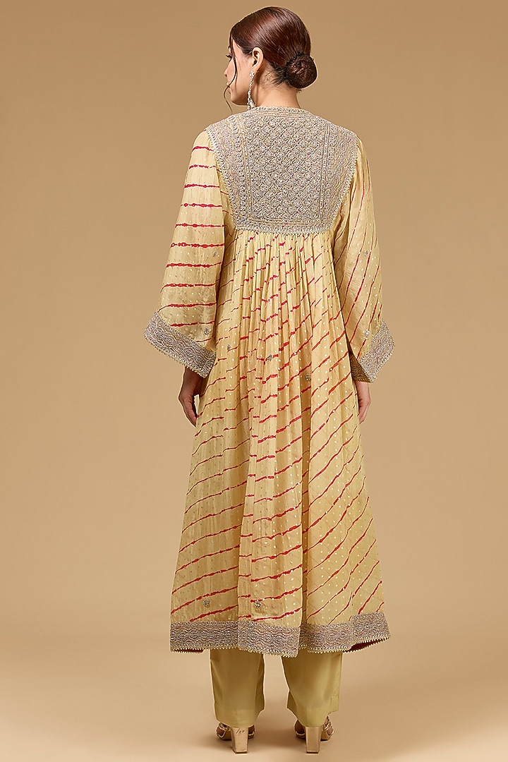 Yellow Organza Dori Embroidered & Leheriya Printed Wedding Anarkali Set by Kisneel by Pam at Pernia's Pop Up Shop