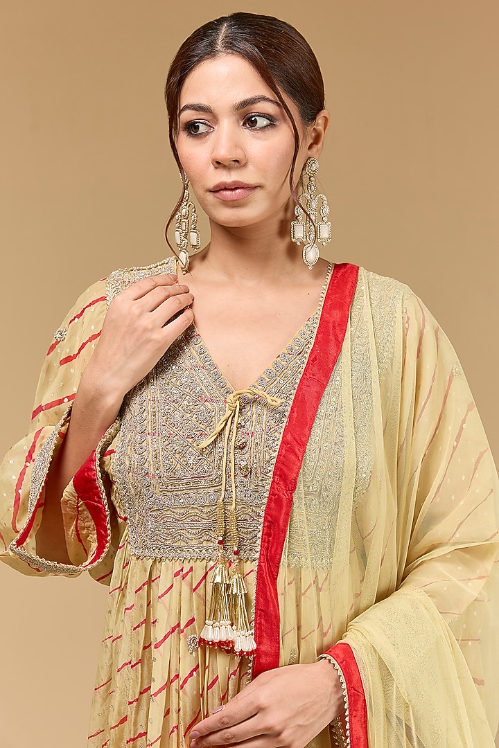 Yellow Organza Dori Embroidered & Leheriya Printed Wedding Anarkali Set by Kisneel by Pam at Pernia's Pop Up Shop