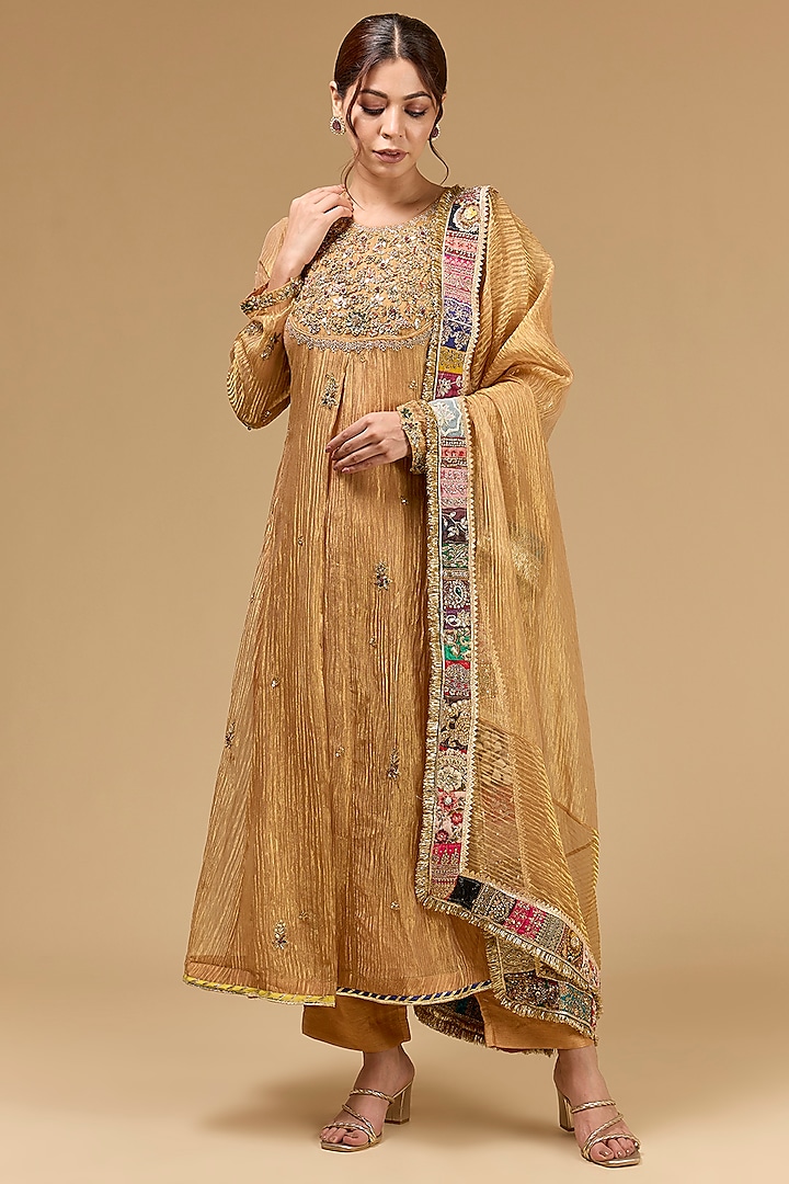 Gold Tissue Dori Embroidered Wedding Anarkali Set by Kisneel by Pam at Pernia's Pop Up Shop
