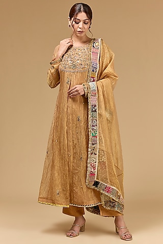 Gold Tissue Dori Embroidered Anarkali Set by Kisneel by Pam