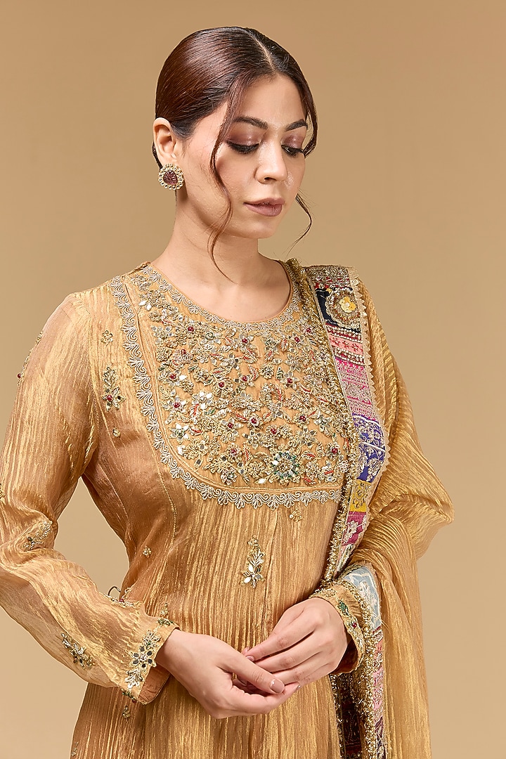 Gold Tissue Dori Embroidered Bridal Anarkali Set by Kisneel by Pam at Pernia's Pop Up Shop