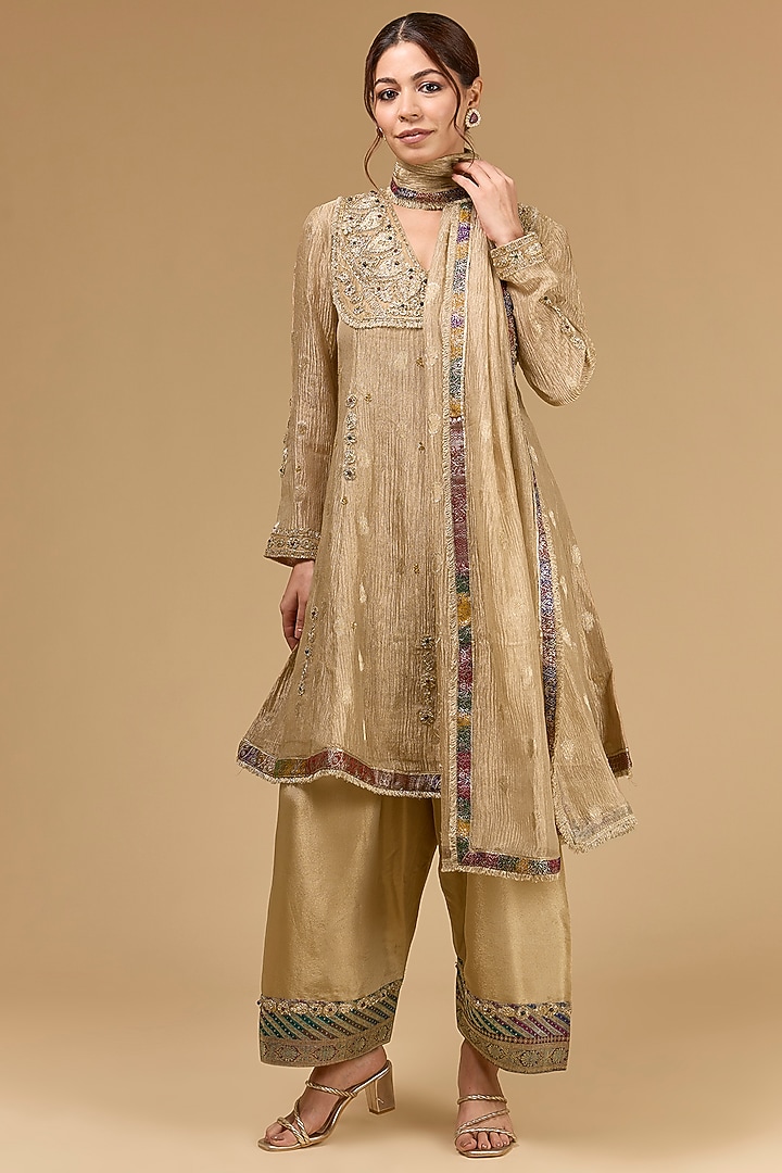 Light Gold Tissue Dori Embroidered Wedding Anarkali Set by Kisneel by Pam at Pernia's Pop Up Shop