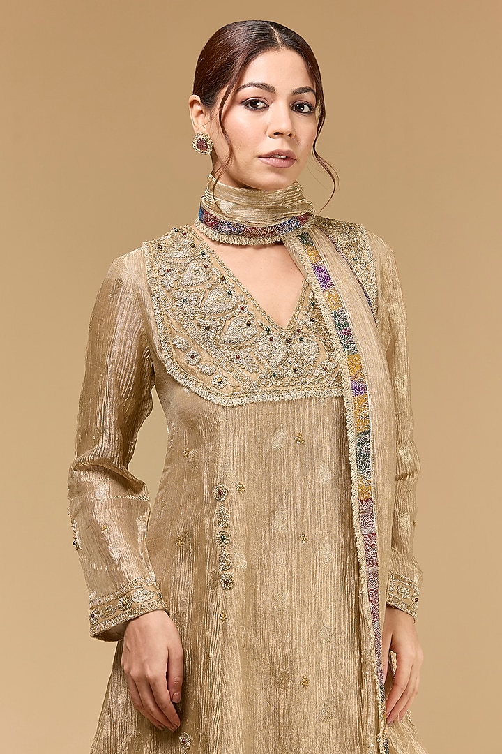 Light Gold Tissue Dori Embroidered Wedding Anarkali Set by Kisneel by Pam at Pernia's Pop Up Shop