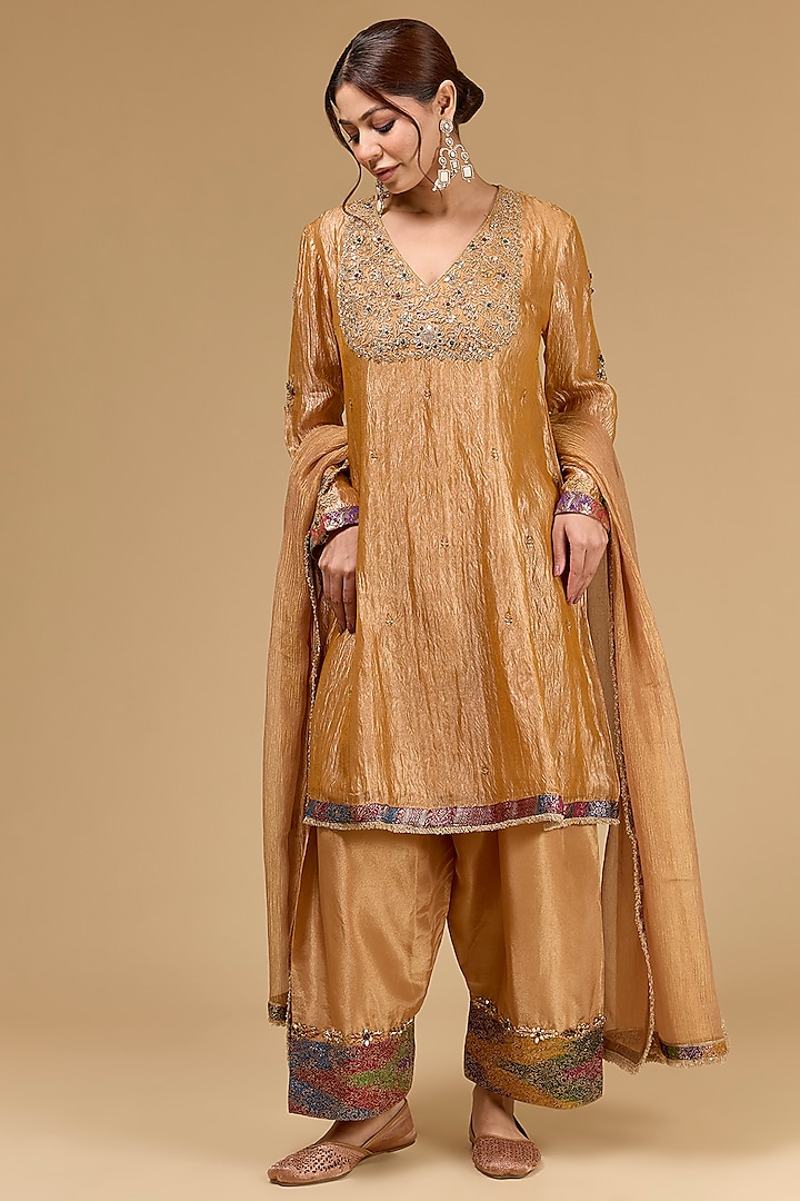 Orange Gold Tissue Kundan & Mirror Work Wedding Anarkali Set by Kisneel by Pam at Pernia's Pop Up Shop