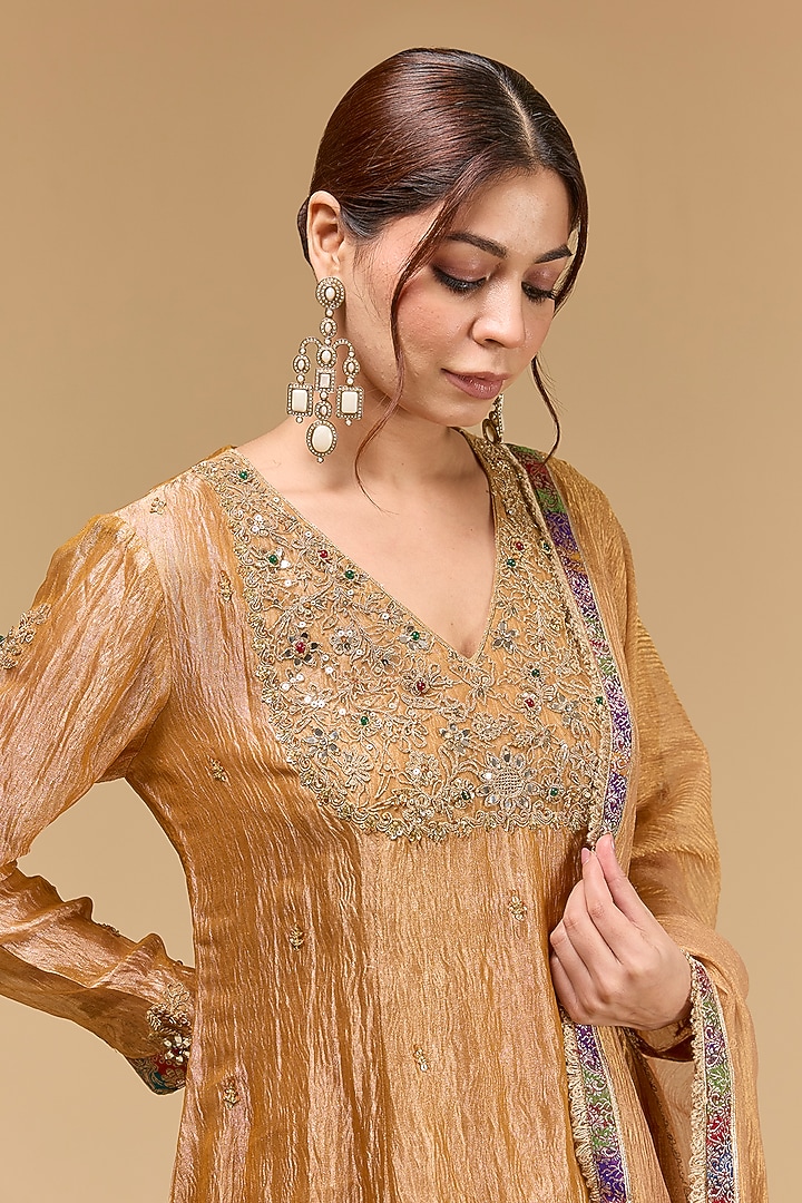 Orange Gold Tissue Kundan & Mirror Work Wedding Anarkali Set by Kisneel by Pam at Pernia's Pop Up Shop