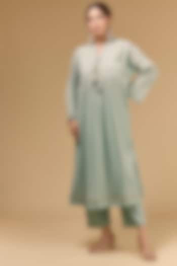 Grey Cotton Gauze Aari Work & Foil Printed Party Wear Anarkali Set by Kisneel by Pam at Pernia's Pop Up Shop