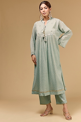 Grey Cotton Gauze Aari Work & Foil Printed Anarkali Set by Kisneel by Pam