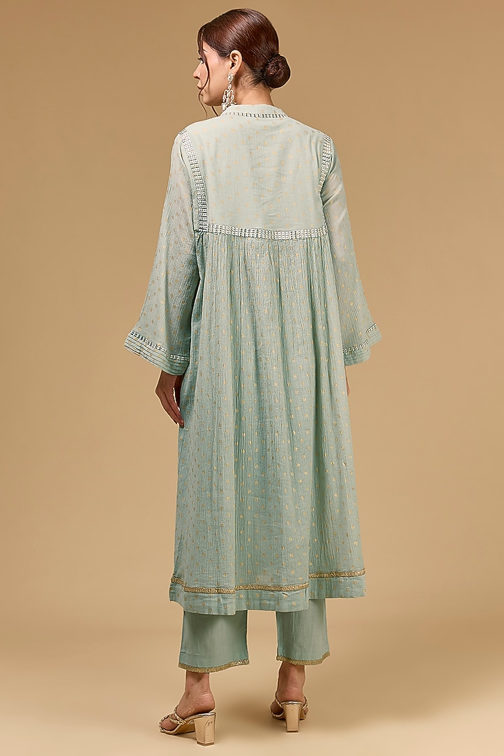 Grey Cotton Gauze Aari Work & Foil Printed Party Wear Anarkali Set by Kisneel by Pam at Pernia's Pop Up Shop