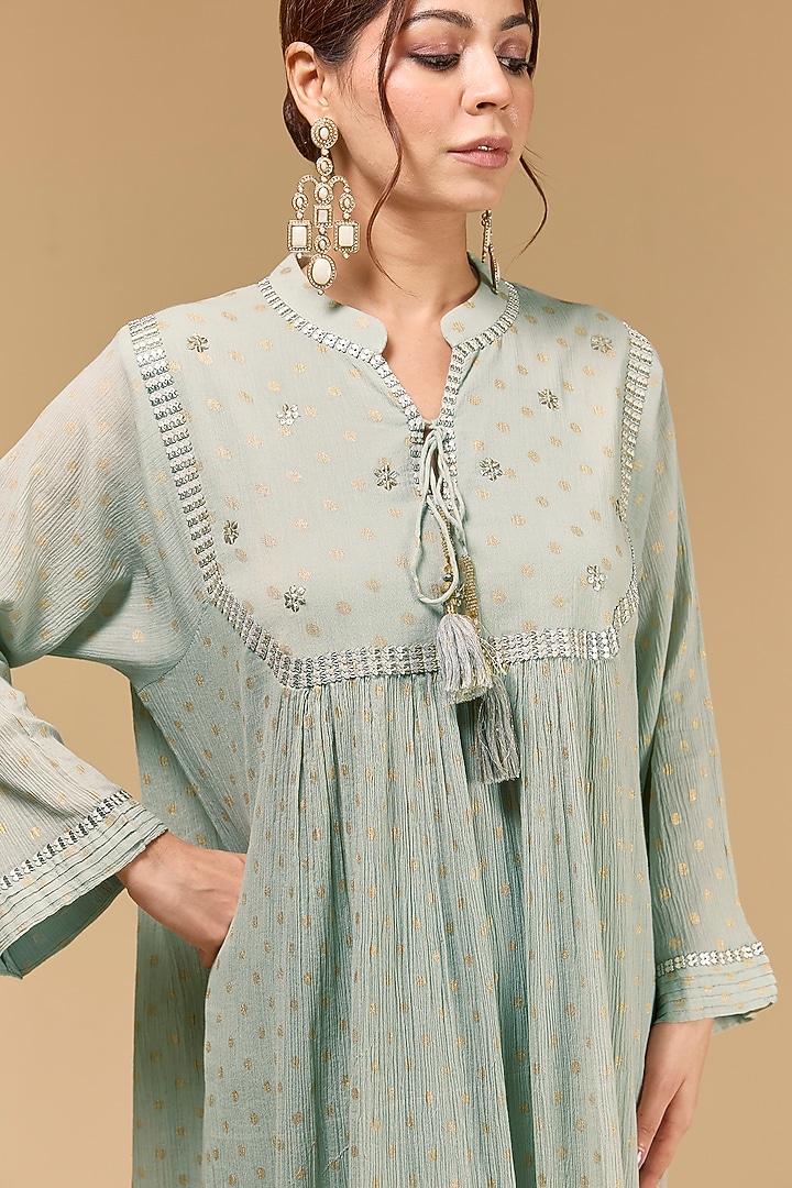 Grey Cotton Gauze Aari Work & Foil Printed Party Wear Anarkali Set by Kisneel by Pam at Pernia's Pop Up Shop
