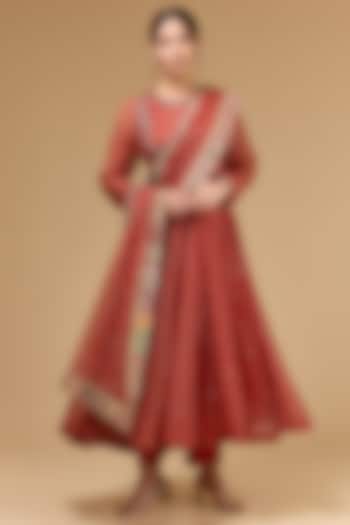 Red Chiffon Dori Embroidered & Foil Printed Wedding Anarkali Set by Kisneel by Pam at Pernia's Pop Up Shop