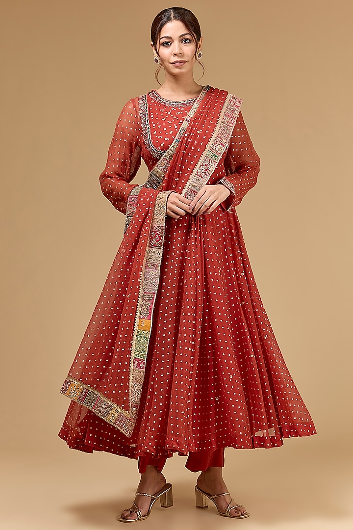 Red Chiffon Dori Embroidered & Foil Printed Wedding Anarkali Set by Kisneel by Pam at Pernia's Pop Up Shop