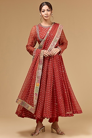 Red Chiffon Dori Embroidered & Foil Printed Anarkali Set by Kisneel by Pam