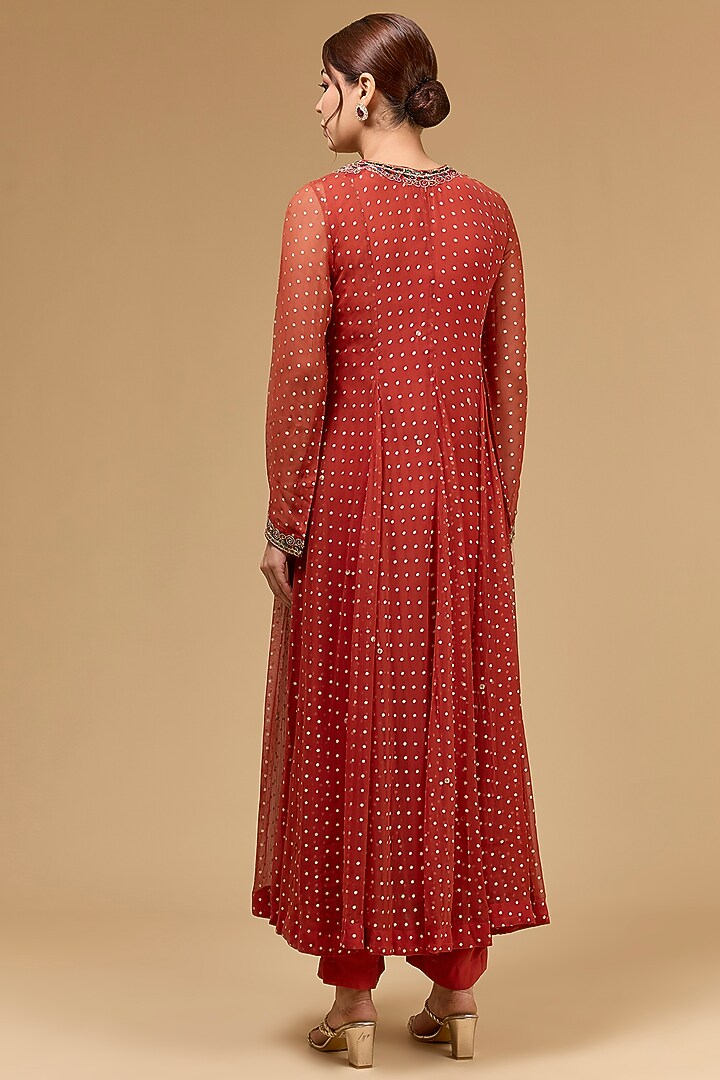 Red Chiffon Dori Embroidered & Foil Printed Wedding Anarkali Set by Kisneel by Pam at Pernia's Pop Up Shop