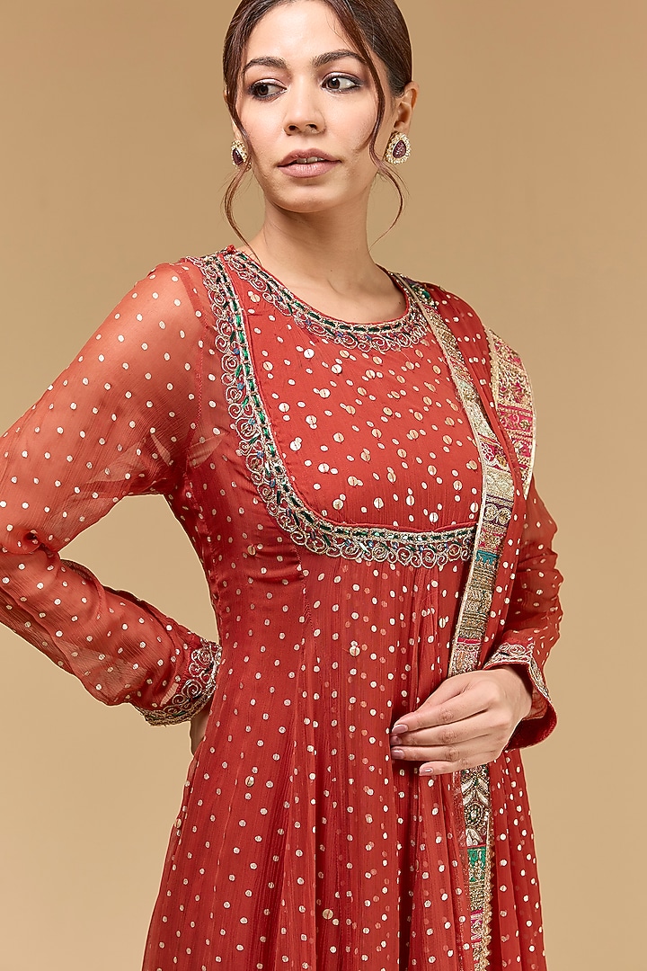 Red Chiffon Dori Embroidered & Foil Printed Wedding Anarkali Set by Kisneel by Pam at Pernia's Pop Up Shop