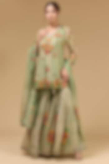 Green Organza Thread Embroidered Gharara Set by Kisneel by Pam at Pernia's Pop Up Shop