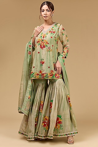 Green Organza Thread Embroidered Gharara Set by Kisneel by Pam