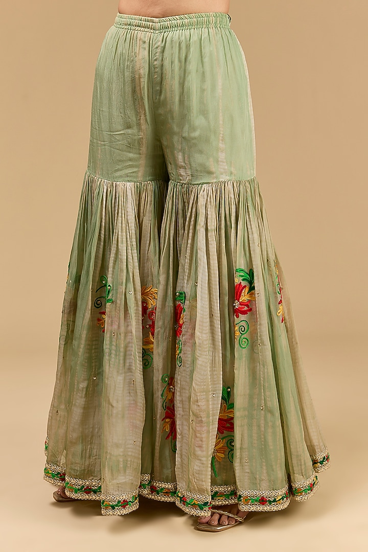 Green Organza Thread Embroidered Gharara Set by Kisneel by Pam at Pernia's Pop Up Shop