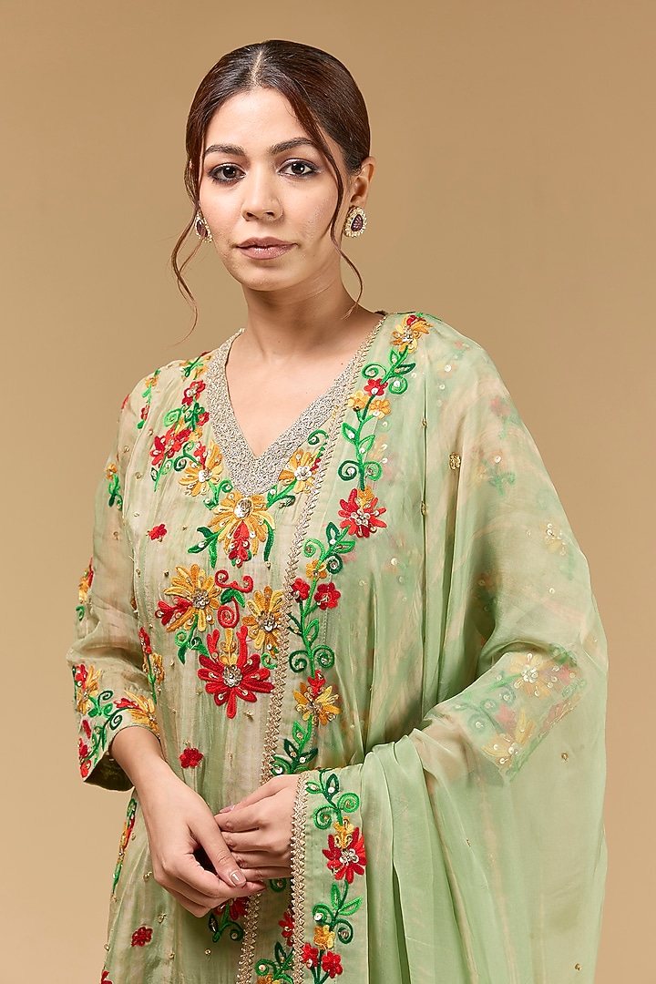 Green Organza Thread Embroidered Gharara Set by Kisneel by Pam at Pernia's Pop Up Shop