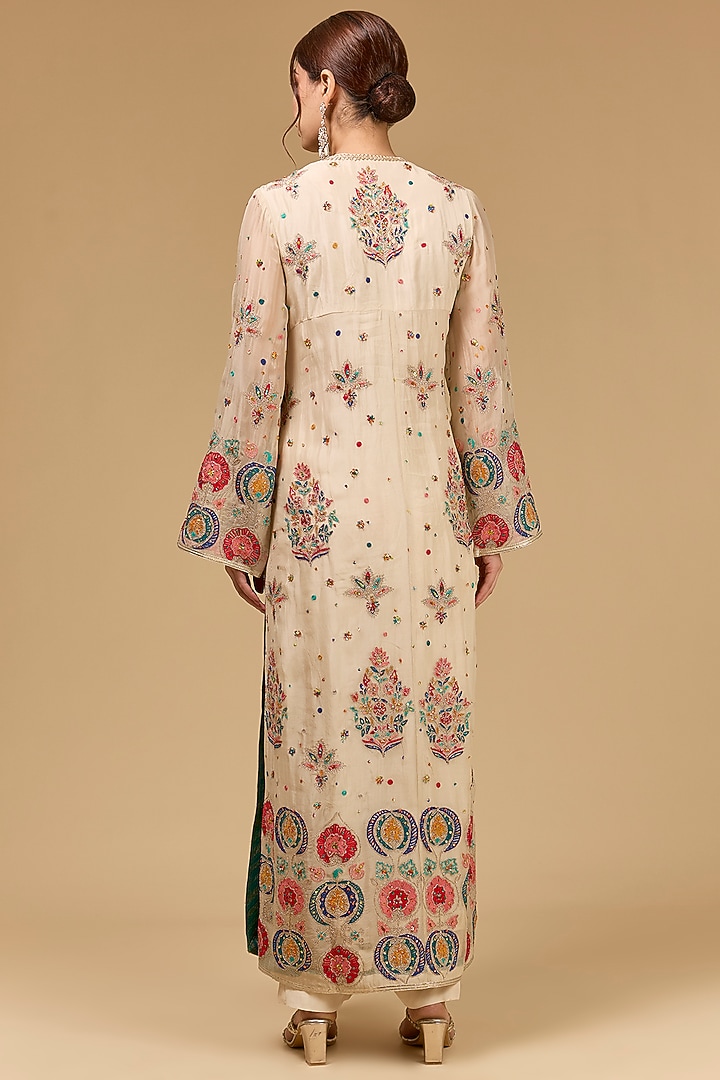 Cream Organza Aari Embroidered Kurta Set by Kisneel by Pam at Pernia's Pop Up Shop