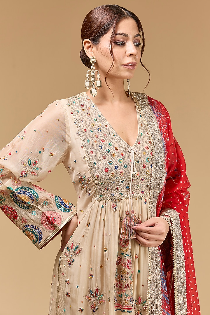 Cream Organza Aari Embroidered Kurta Set by Kisneel by Pam at Pernia's Pop Up Shop