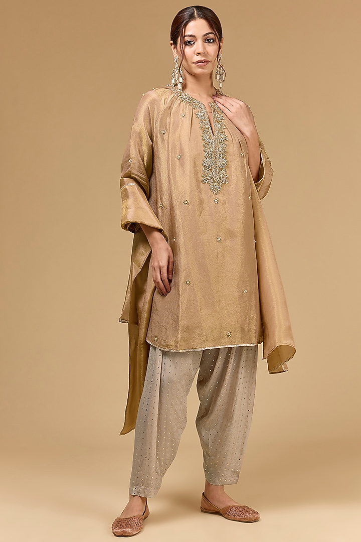 Rose Pink Tissue Dori Embroidered Kurta Set by Kisneel by Pam at Pernia's Pop Up Shop