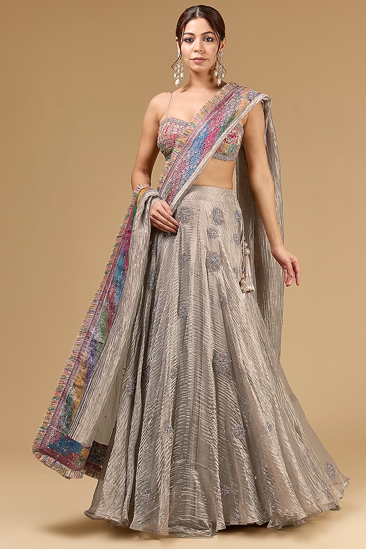Gun Metal Tissue Dori Embroidered Wedding Lehenga Set by Kisneel by Pam at Pernia's Pop Up Shop