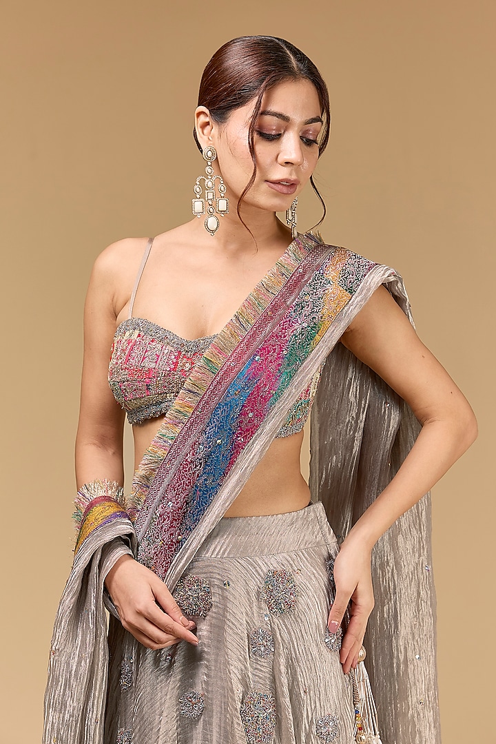 Gun Metal Tissue Dori Embroidered Wedding Lehenga Set by Kisneel by Pam at Pernia's Pop Up Shop