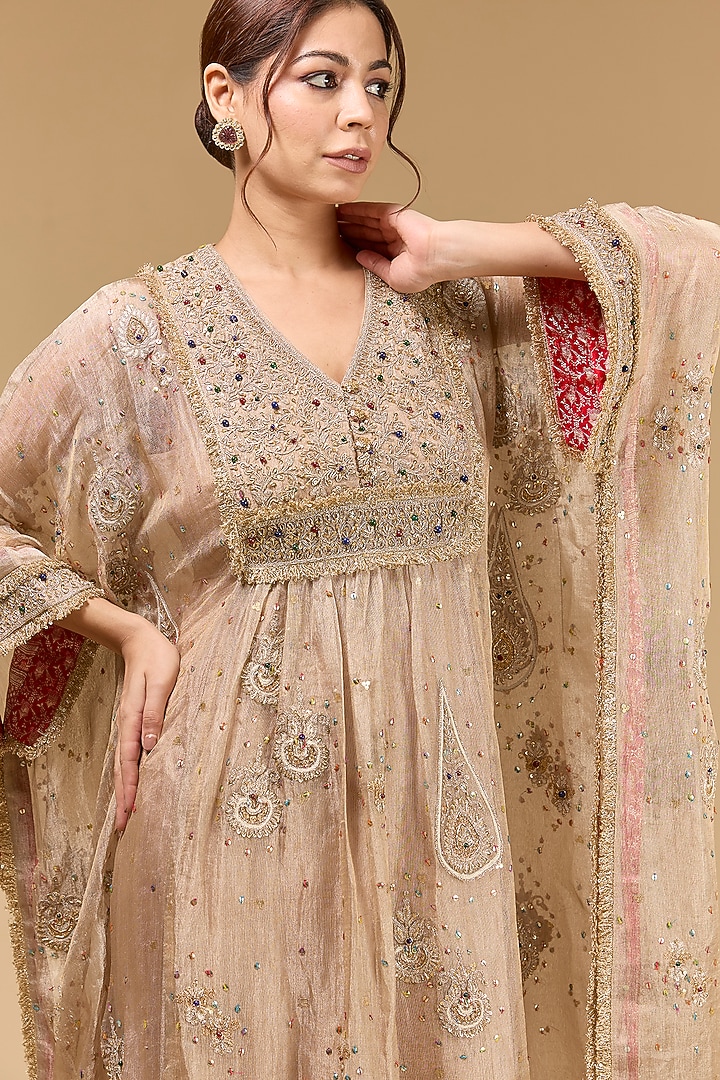 Silver Tissue Badla Embroidered Kaftan Set by Kisneel by Pam at Pernia's Pop Up Shop