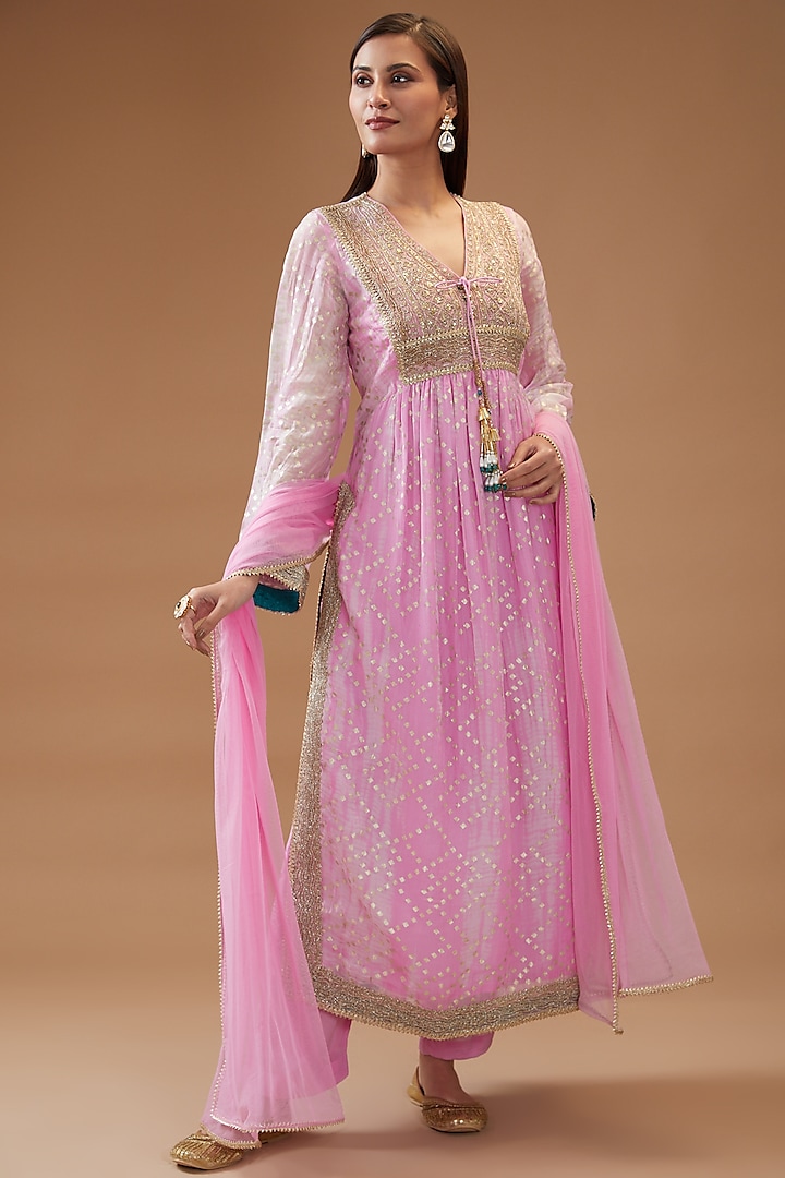 Pink Organza Printed & Embroidered Kurta Set by Kisneel by Pam at Pernia's Pop Up Shop