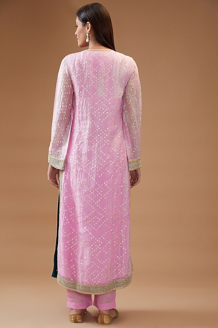 Pink Organza Printed & Embroidered Kurta Set by Kisneel by Pam at Pernia's Pop Up Shop