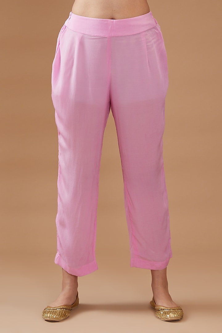 Pink Organza Printed & Embroidered Kurta Set by Kisneel by Pam at Pernia's Pop Up Shop