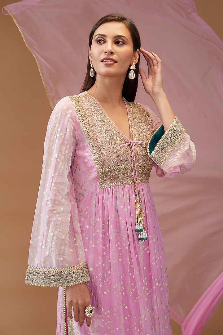 Pink Organza Printed & Embroidered Kurta Set by Kisneel by Pam at Pernia's Pop Up Shop