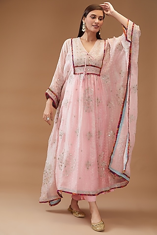 Pink Organza Printed & Embroidered Kaftan Set by Kisneel by Pam