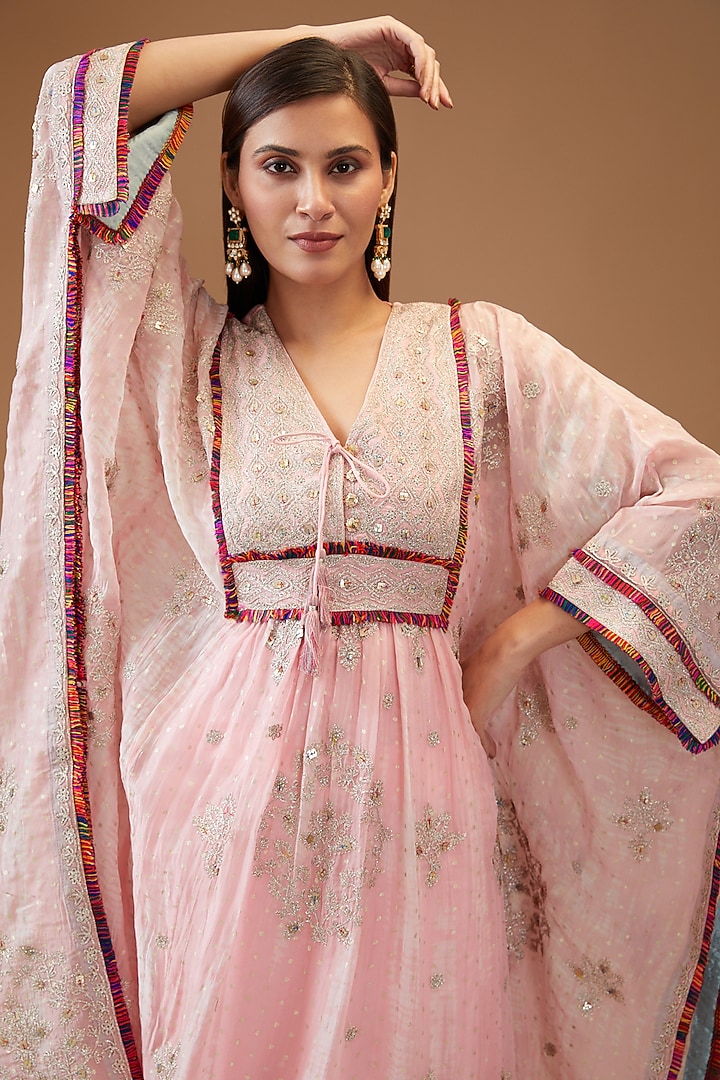 Pink Organza Printed & Embroidered Kaftan Set by Kisneel by Pam at Pernia's Pop Up Shop