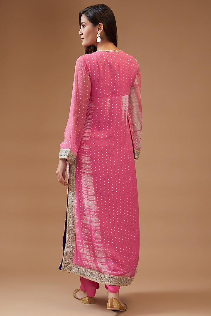 Pink Chiffon Printed & Embroidered Kurta Set by Kisneel by Pam at Pernia's Pop Up Shop