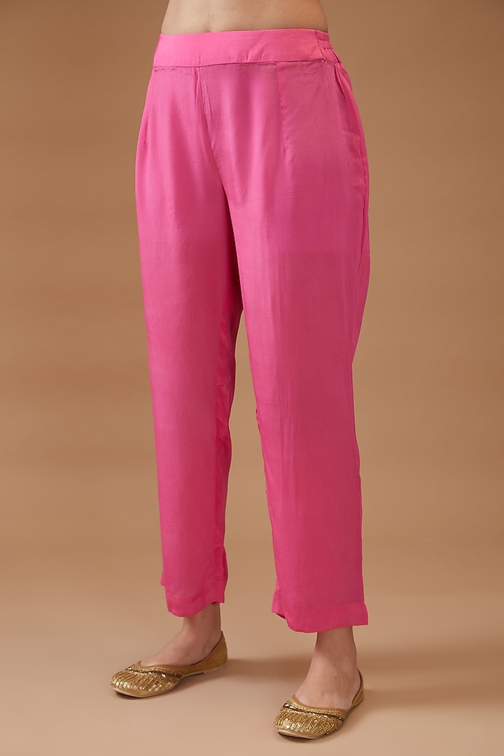 Pink Chiffon Printed & Embroidered Kurta Set by Kisneel by Pam at Pernia's Pop Up Shop