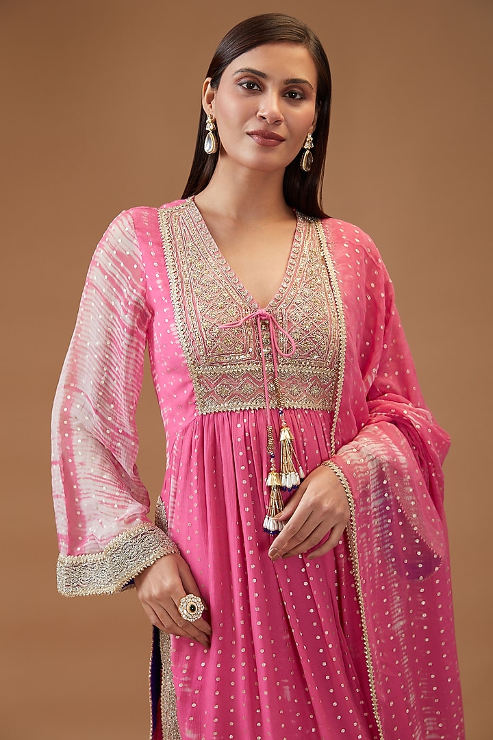 Pink Chiffon Printed & Embroidered Kurta Set by Kisneel by Pam at Pernia's Pop Up Shop