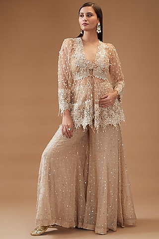 Beige Net Embroidered Jacket Set by Kisneel by Pam