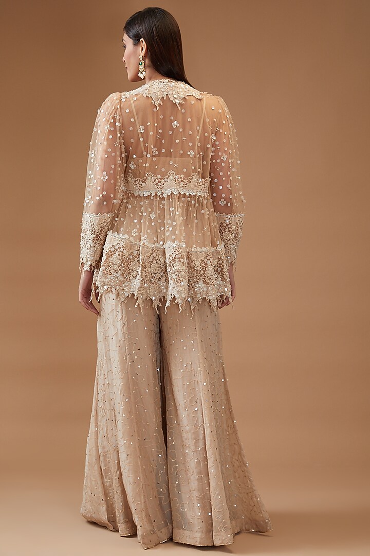 Beige Net Embroidered Jacket Set by Kisneel by Pam at Pernia's Pop Up Shop