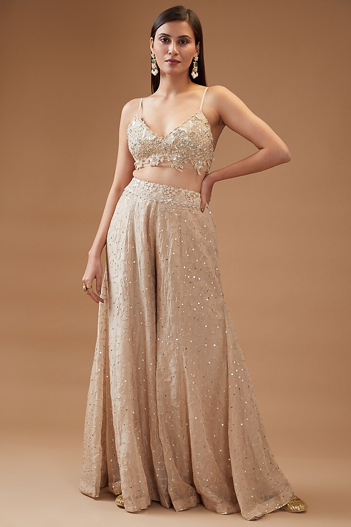 Beige Net Embroidered Jacket Set by Kisneel by Pam at Pernia's Pop Up Shop