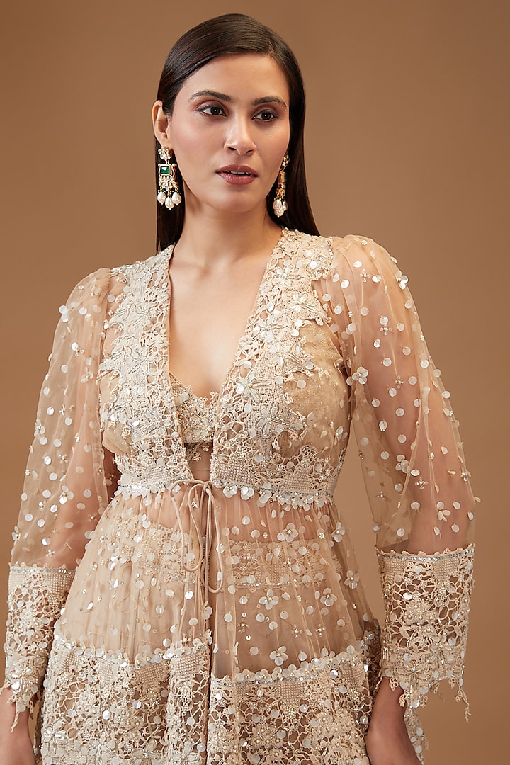 Beige Net Embroidered Jacket Set by Kisneel by Pam at Pernia's Pop Up Shop