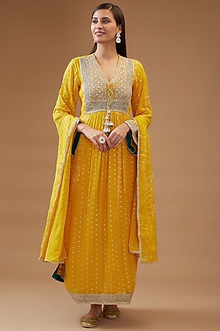 Yellow Chiffon Printed & Embroidered Kurta Set by Kisneel by Pam